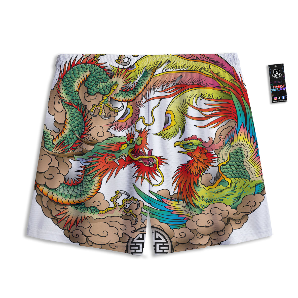 Phoenix And Dragon Japanese Tattoo Print Mesh Shorts