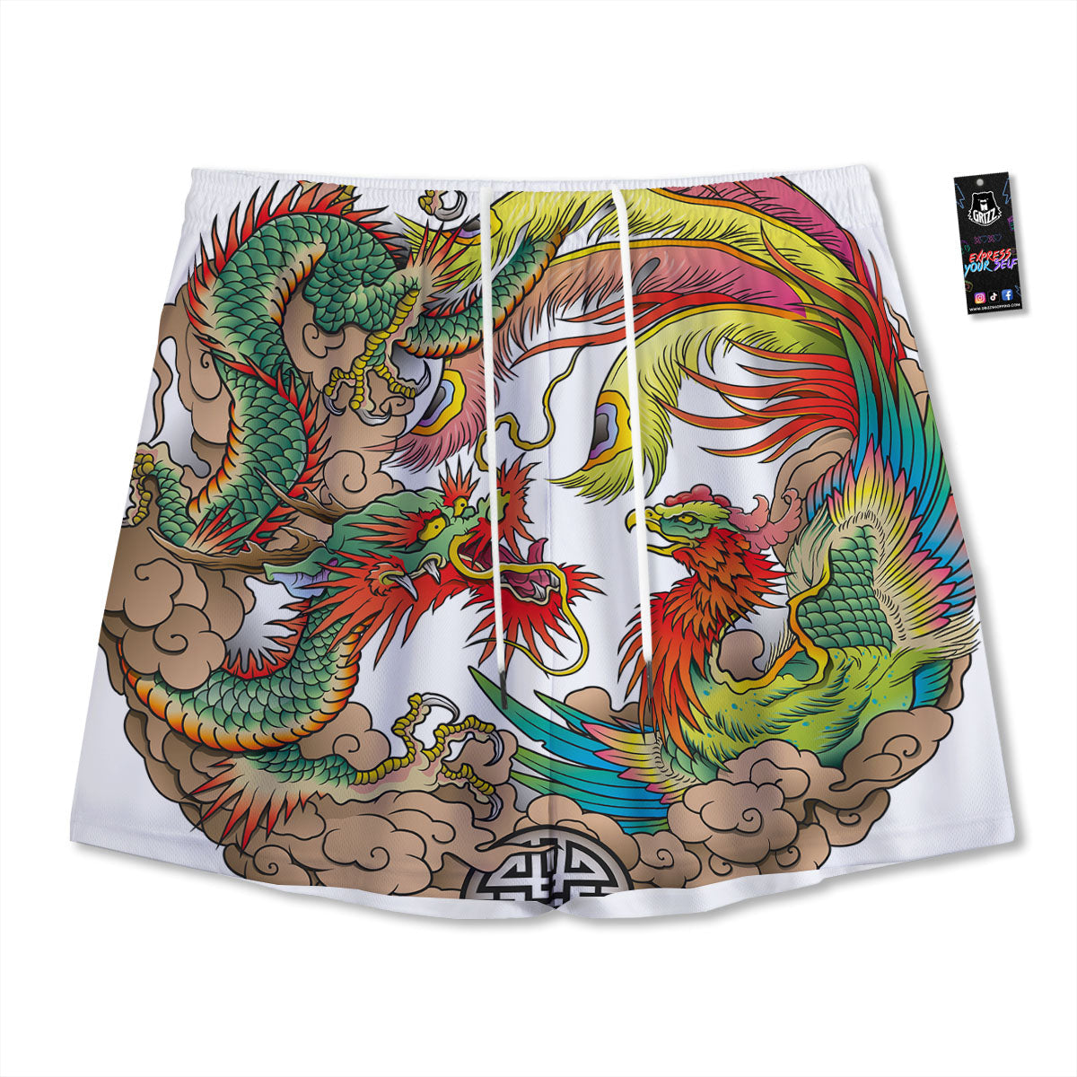Phoenix And Dragon Japanese Tattoo Print Mesh Shorts