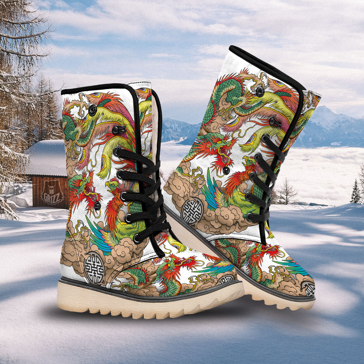 Phoenix And Dragon Japanese Tattoo Print Snow Boots-grizzshop