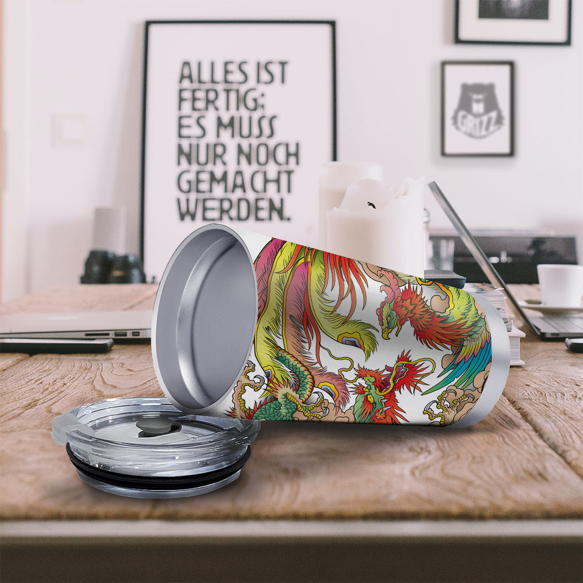 Phoenix And Dragon Japanese Tattoo Print Tumbler-grizzshop
