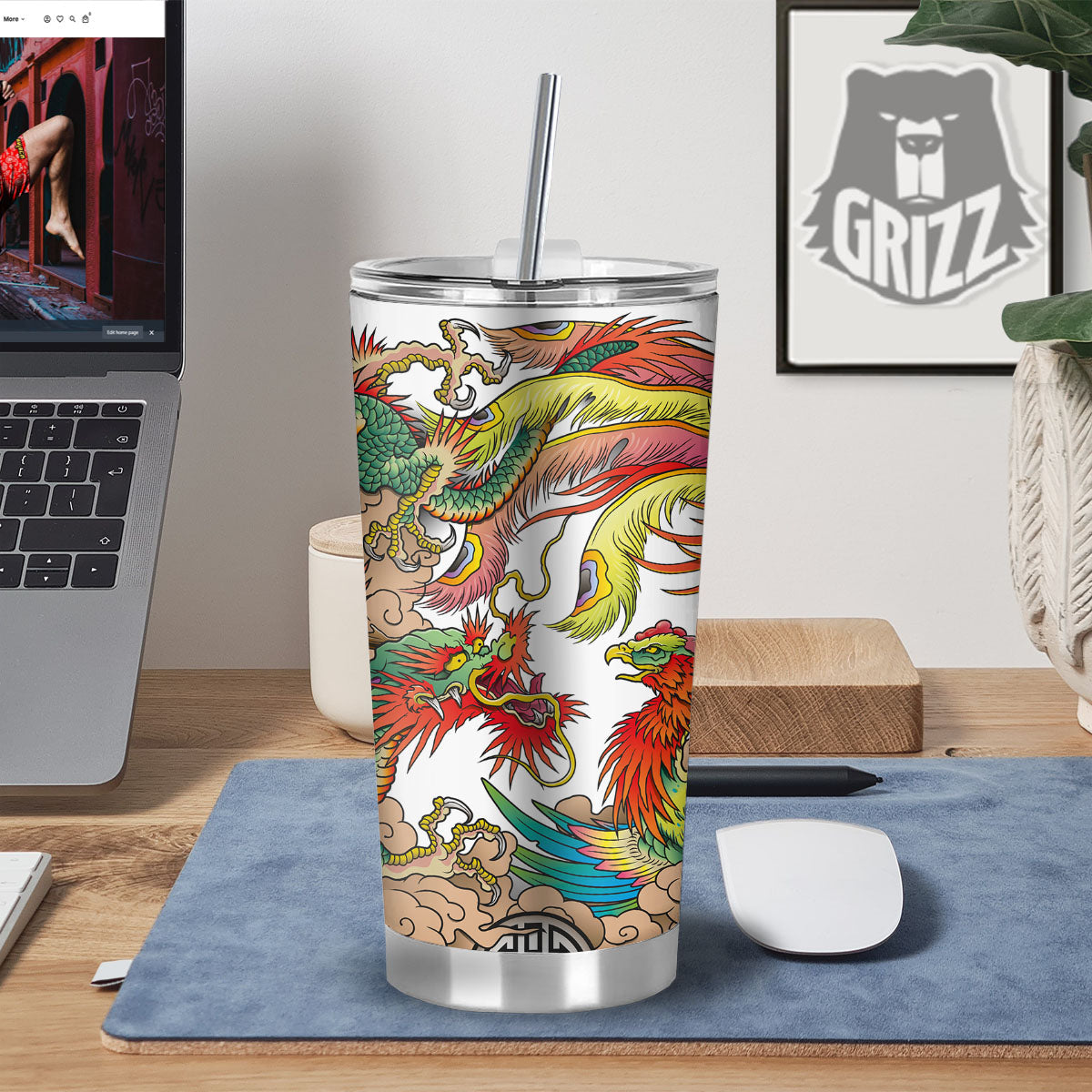 Phoenix And Dragon Japanese Tattoo Print Tumbler-grizzshop