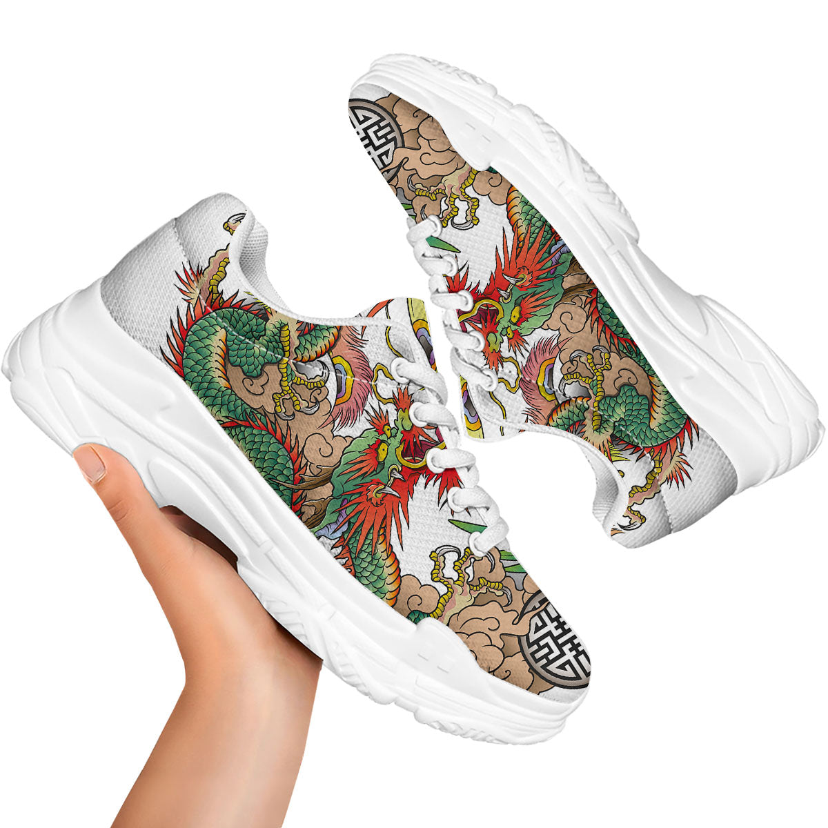 Phoenix And Dragon Japanese Tattoo Print White Chunky Shoes-grizzshop