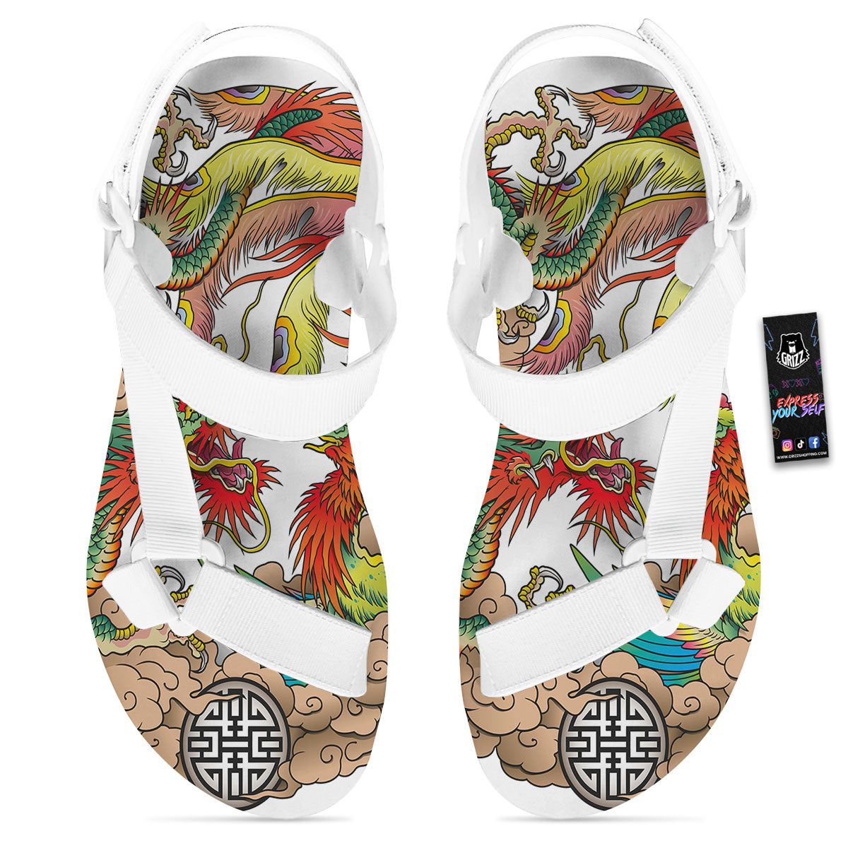 Phoenix And Dragon Japanese Tattoo Print White Open Toe Sandals-grizzshop