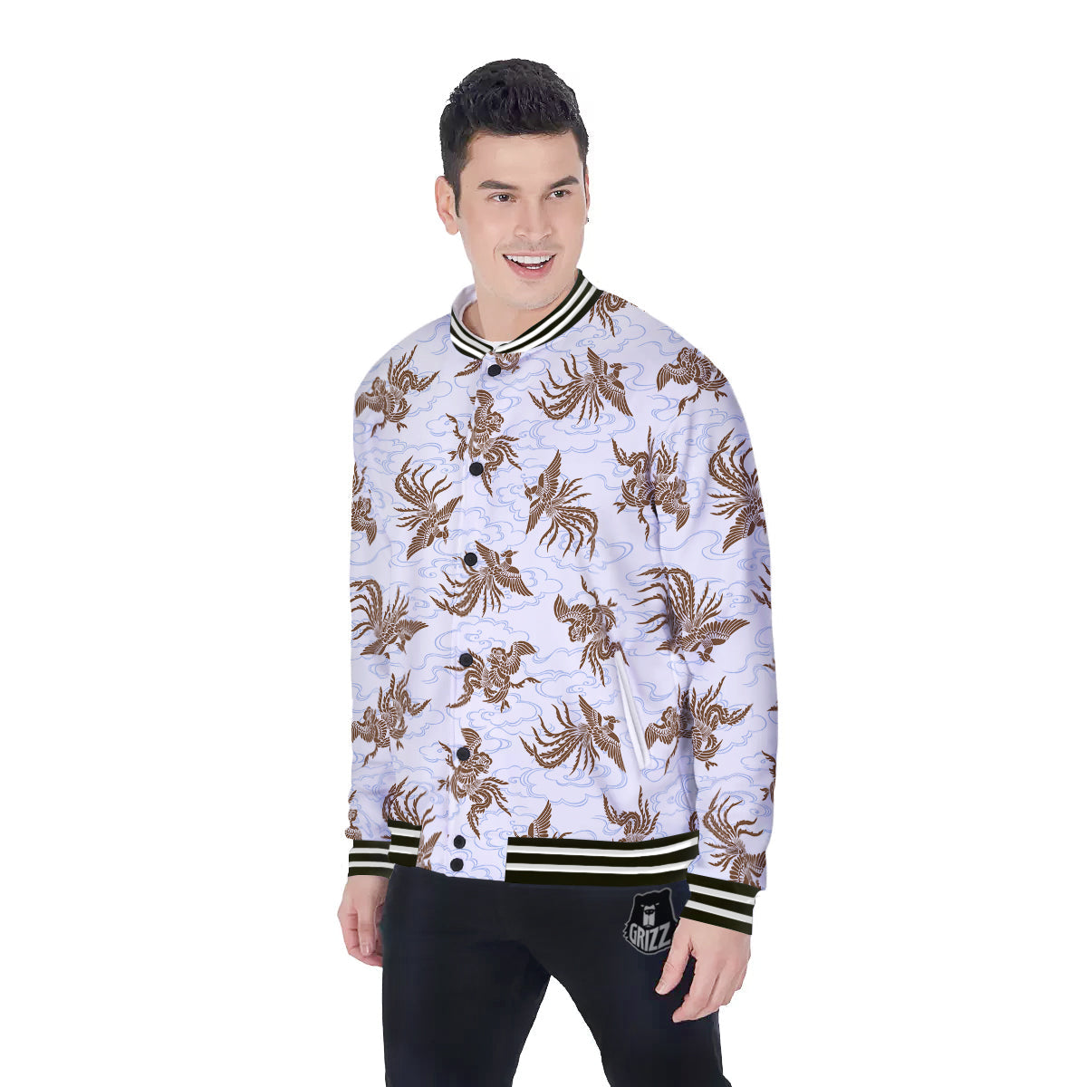 Phoenix Brown Print Pattern Baseball Jacket-grizzshop