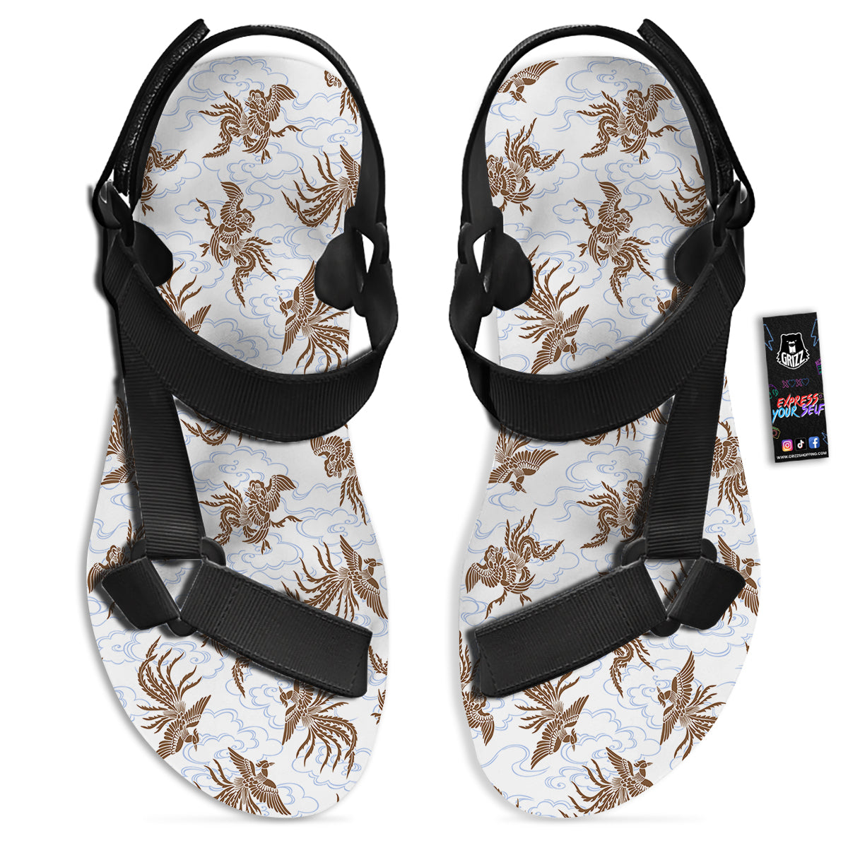 Phoenix Brown Print Pattern Black Open Toe Sandals-grizzshop