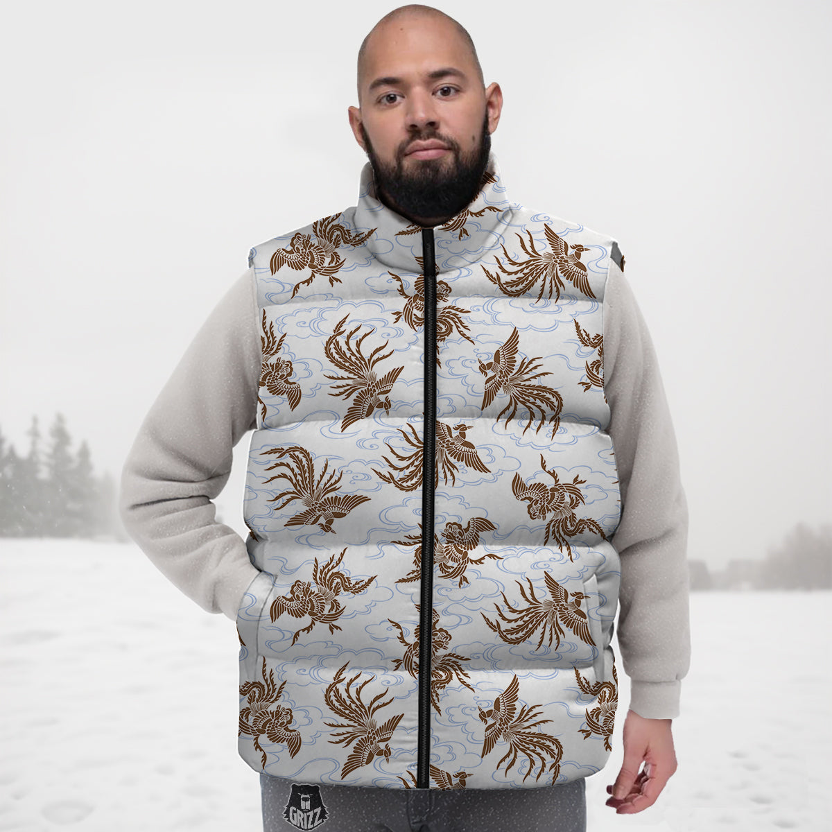 Phoenix Brown Print Pattern Down Vest-grizzshop
