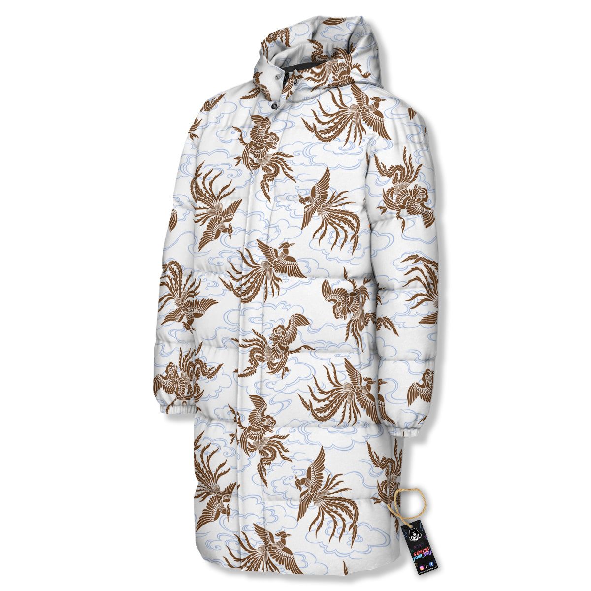 Phoenix Brown Print Pattern Long Down Jacket-grizzshop