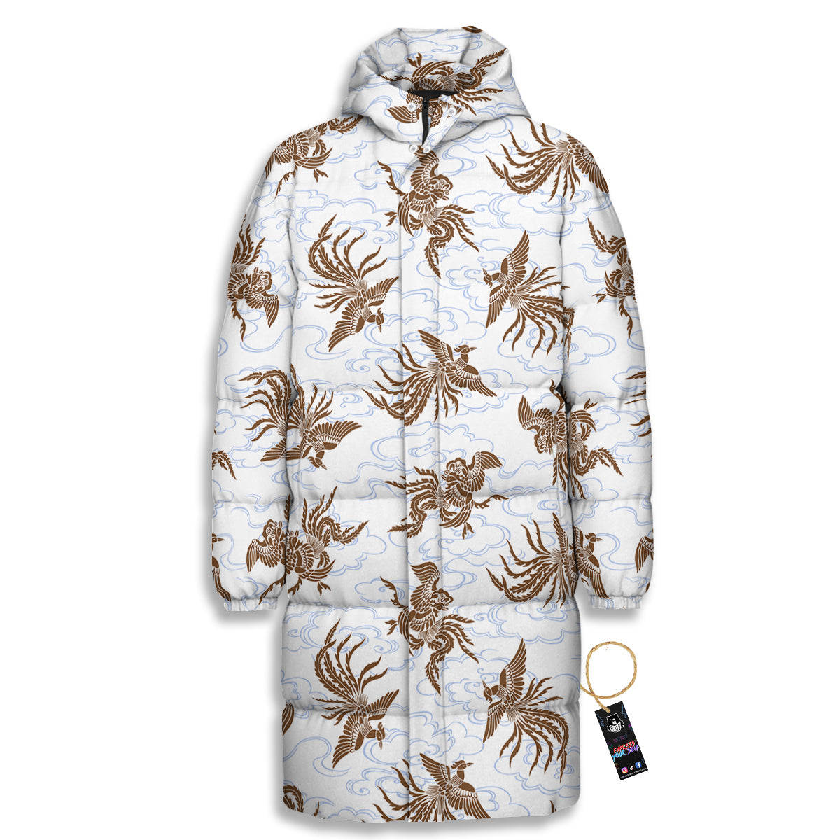 Phoenix Brown Print Pattern Long Down Jacket-grizzshop