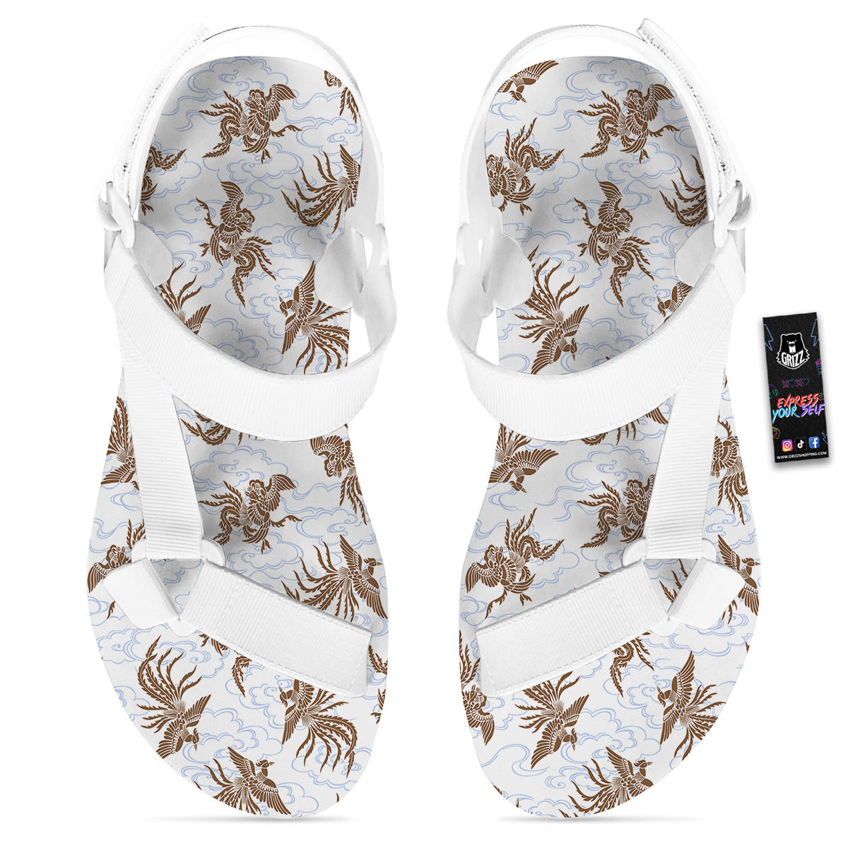 Phoenix Brown Print Pattern White Open Toe Sandals-grizzshop