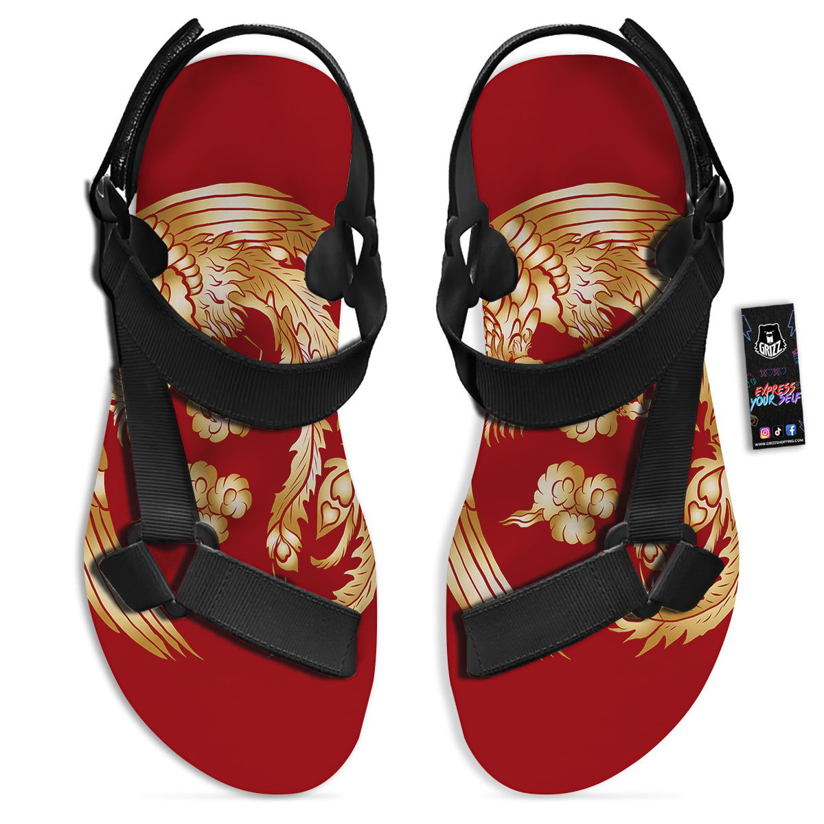 Phoenix Chinese Print Black Open Toe Sandals-grizzshop