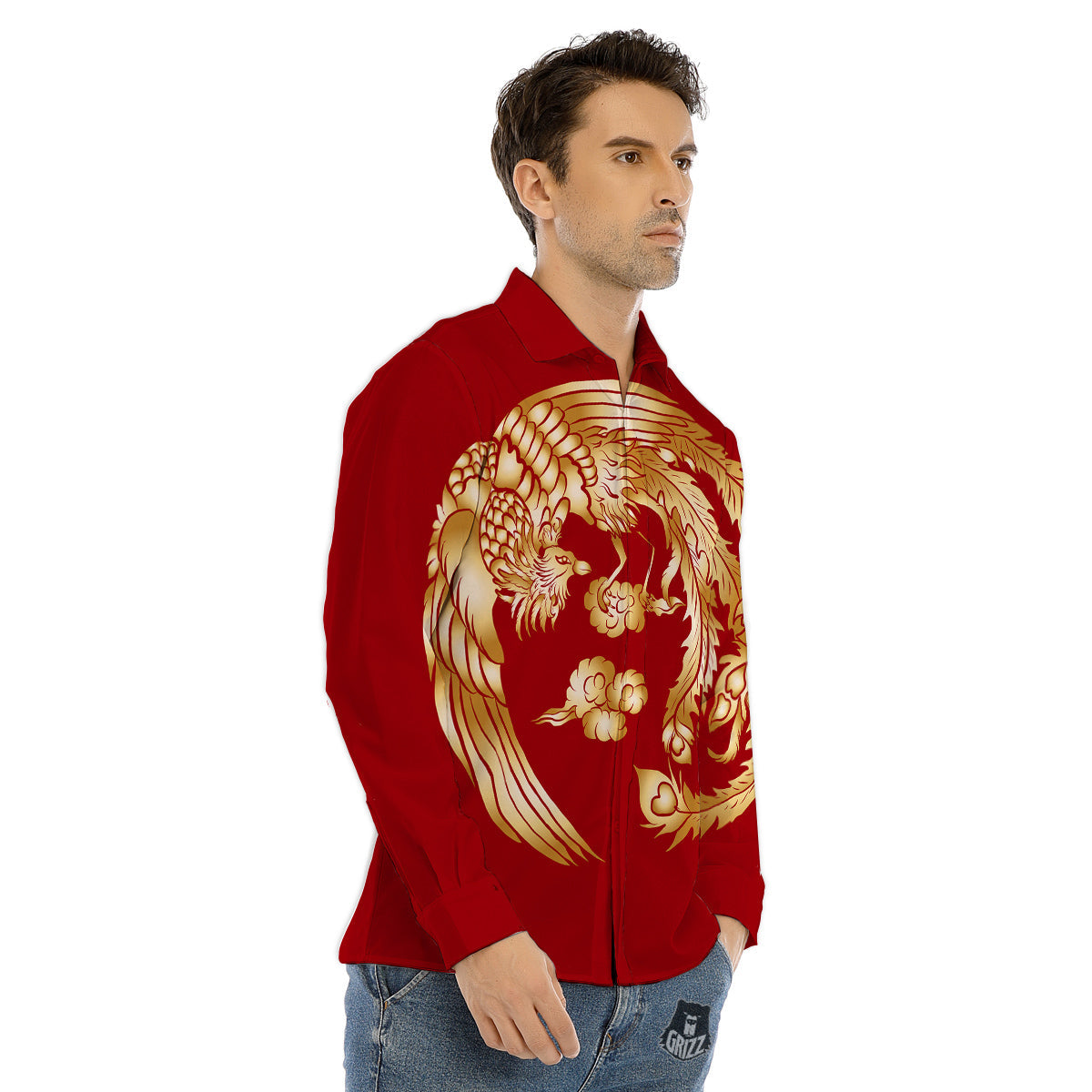 Phoenix Chinese Print Men's Dress Shirts-grizzshop