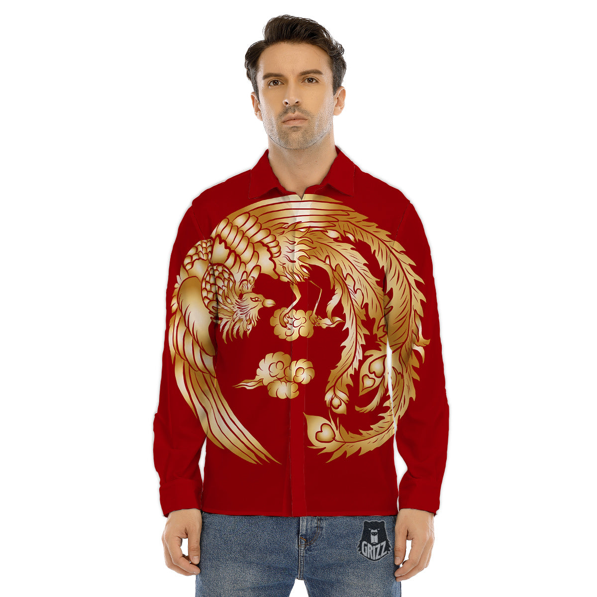 Phoenix Chinese Print Men's Dress Shirts-grizzshop