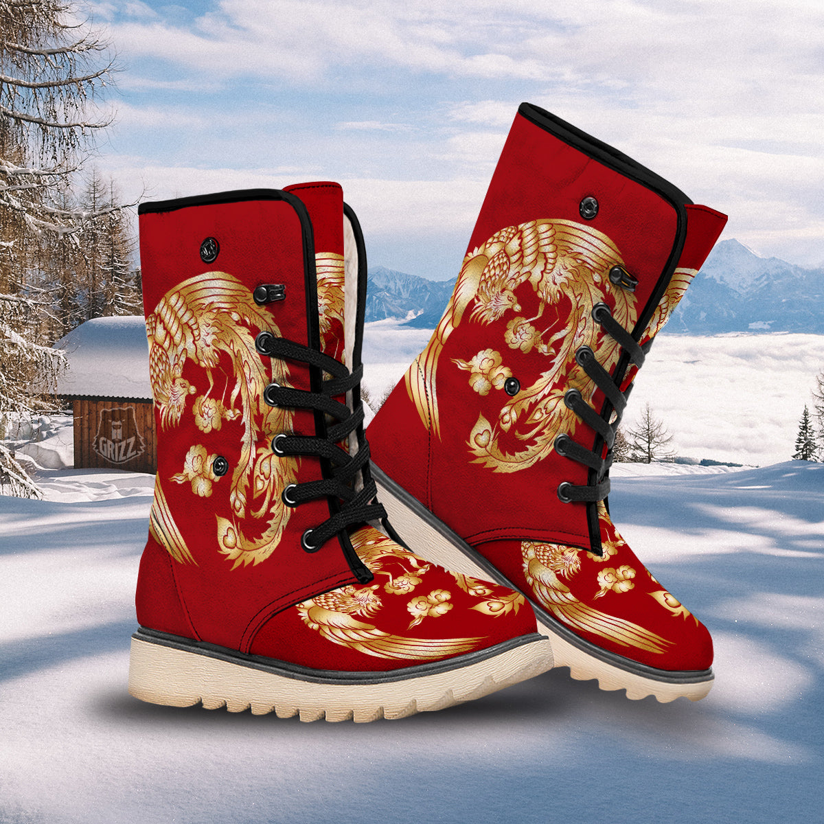 Phoenix Chinese Print Snow Boots-grizzshop