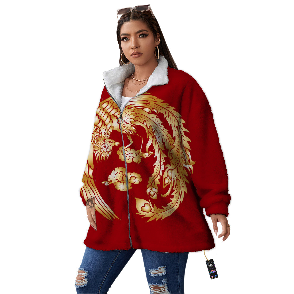 Phoenix Chinese Print Women's Sherpa Jacket-grizzshop