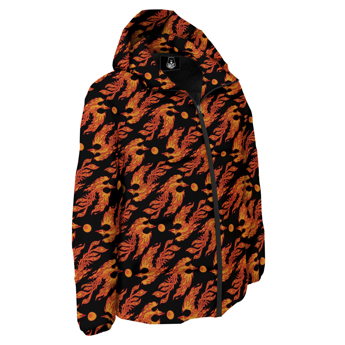 Phoenix Fire On Black Print Pattern Down Jacket-grizzshop
