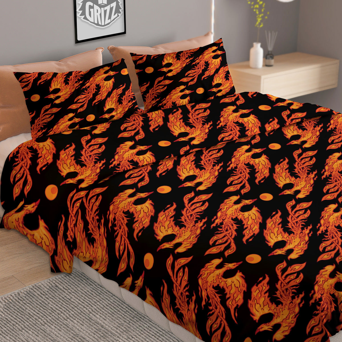 Phoenix Fire On Black Print Pattern Duvet Cover Bedding Set