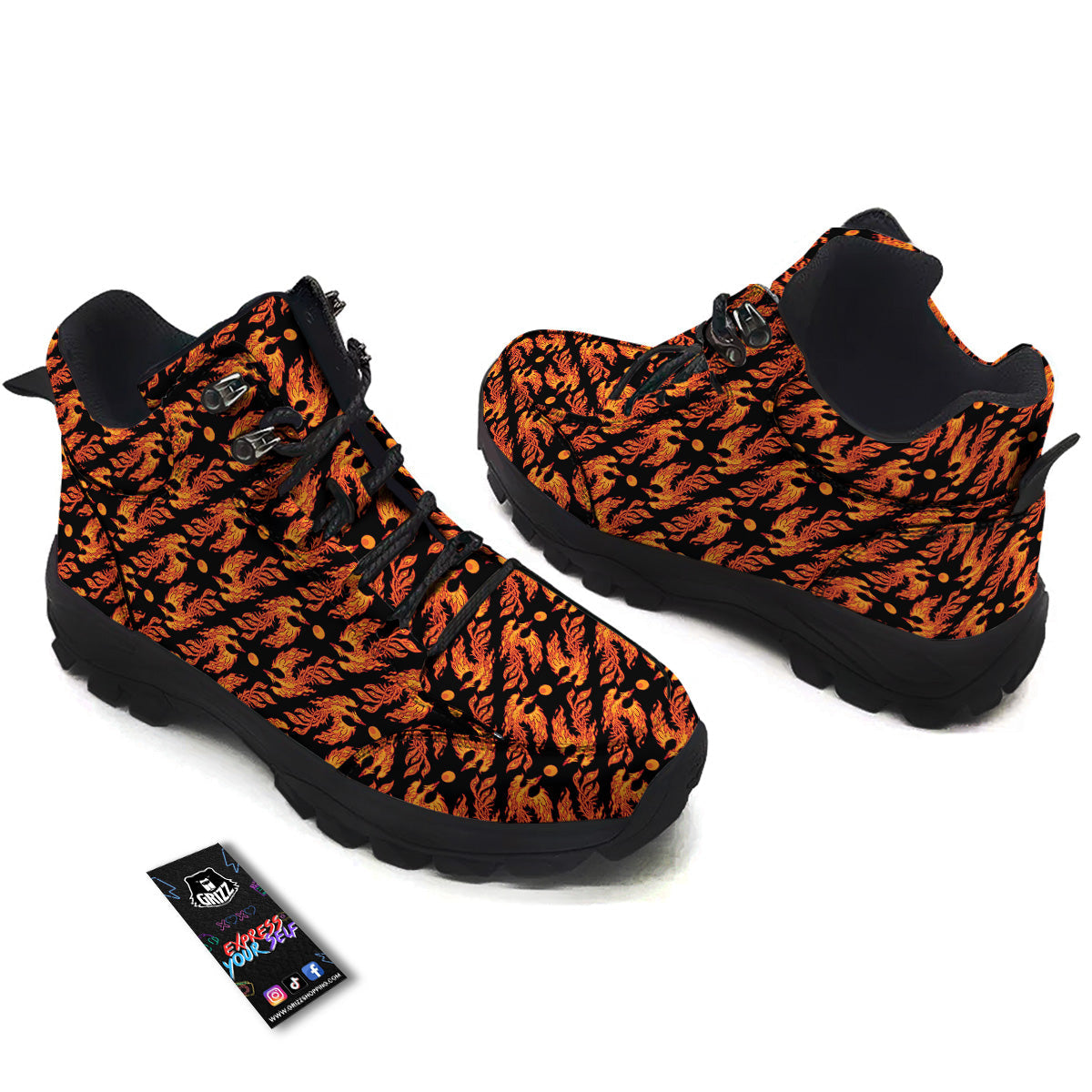Phoenix Fire On Black Print Pattern Hiking Shoes-grizzshop
