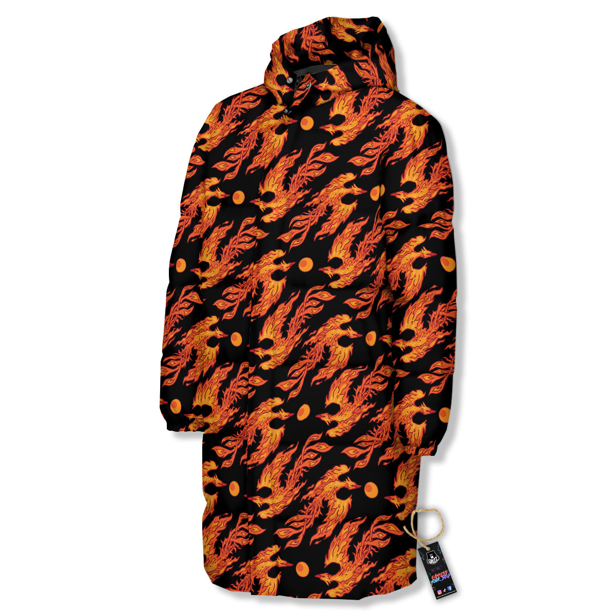 Phoenix Fire On Black Print Pattern Long Down Jacket-grizzshop