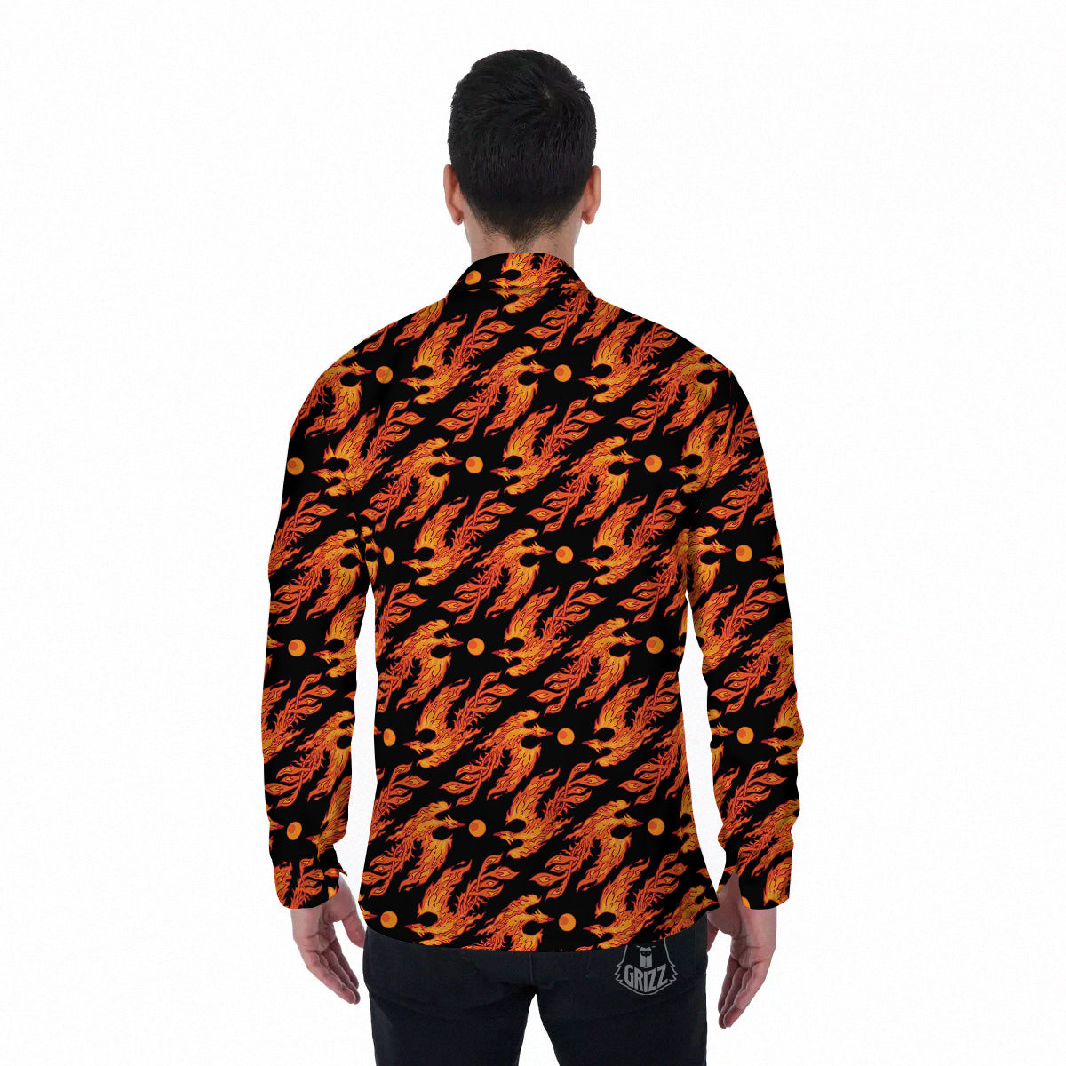 Phoenix Fire On Black Print Pattern Men's Long Sleeve Shirts-grizzshop