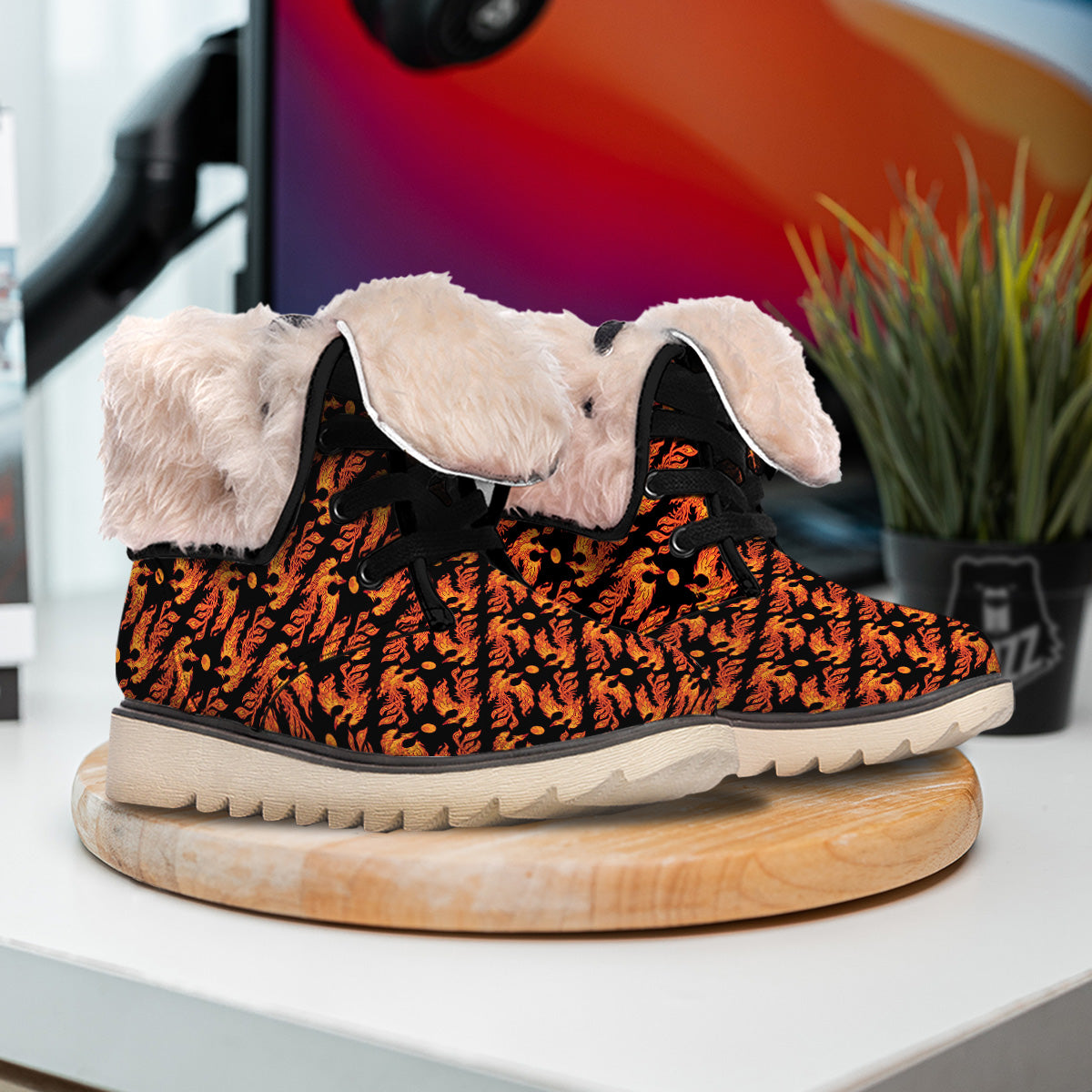 Phoenix Fire On Black Print Pattern Snow Boots-grizzshop