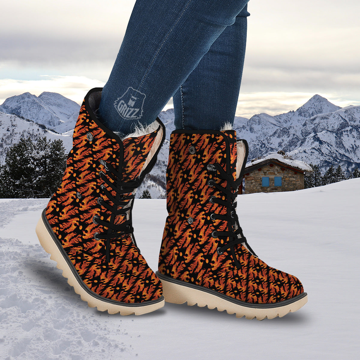 Phoenix Fire On Black Print Pattern Snow Boots-grizzshop