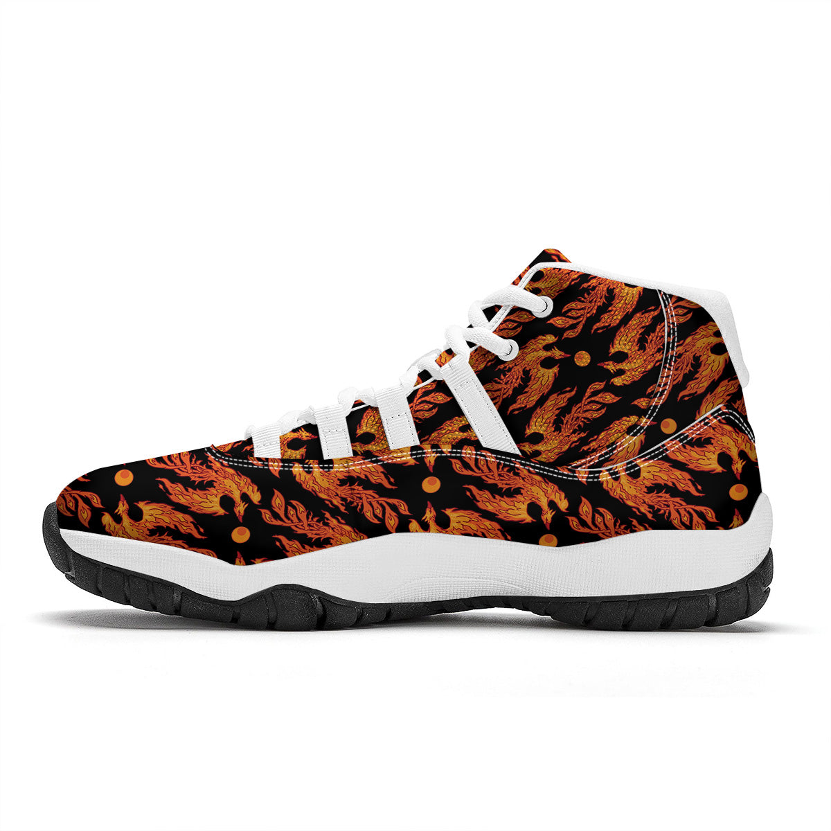 Phoenix Fire On Black Print Pattern White Bball Shoes-grizzshop