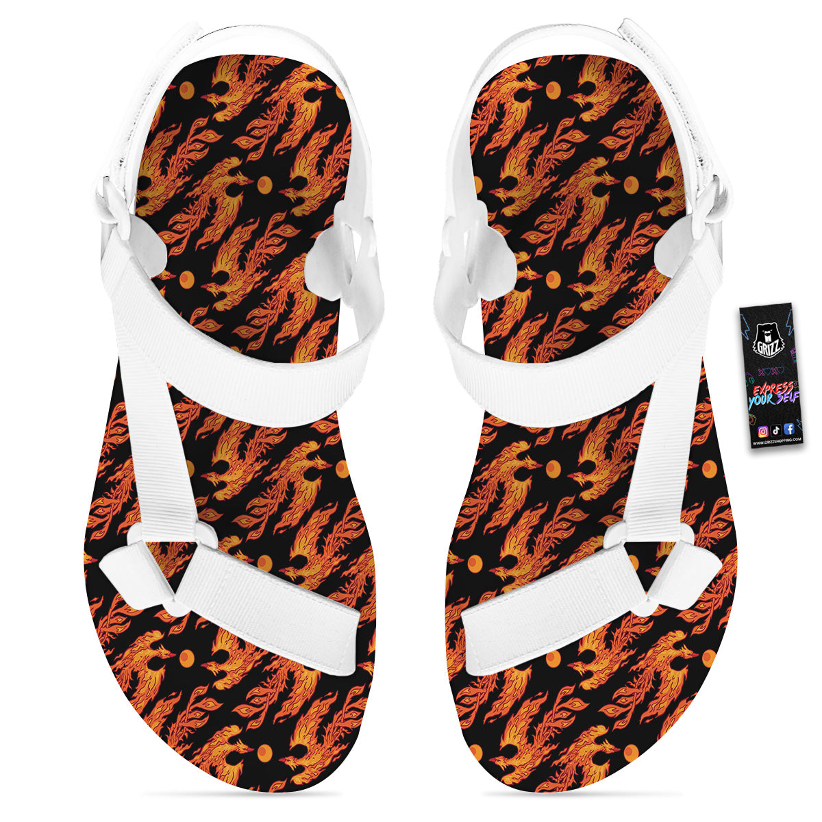 Phoenix Fire On Black Print Pattern White Open Toe Sandals-grizzshop