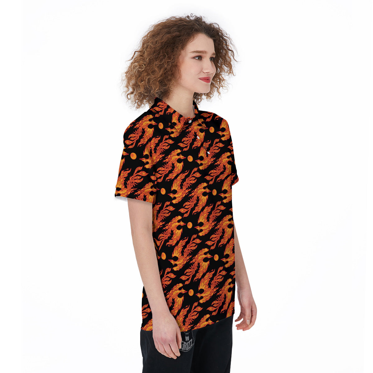 Phoenix Fire On Black Print Pattern Women's Golf Shirts-grizzshop