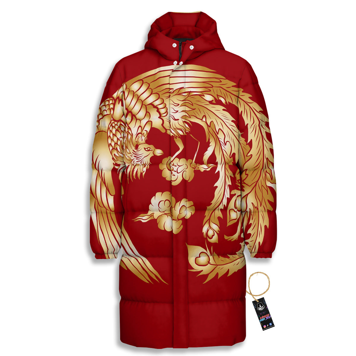 Phoenix Chinese Print Long Down Jacket