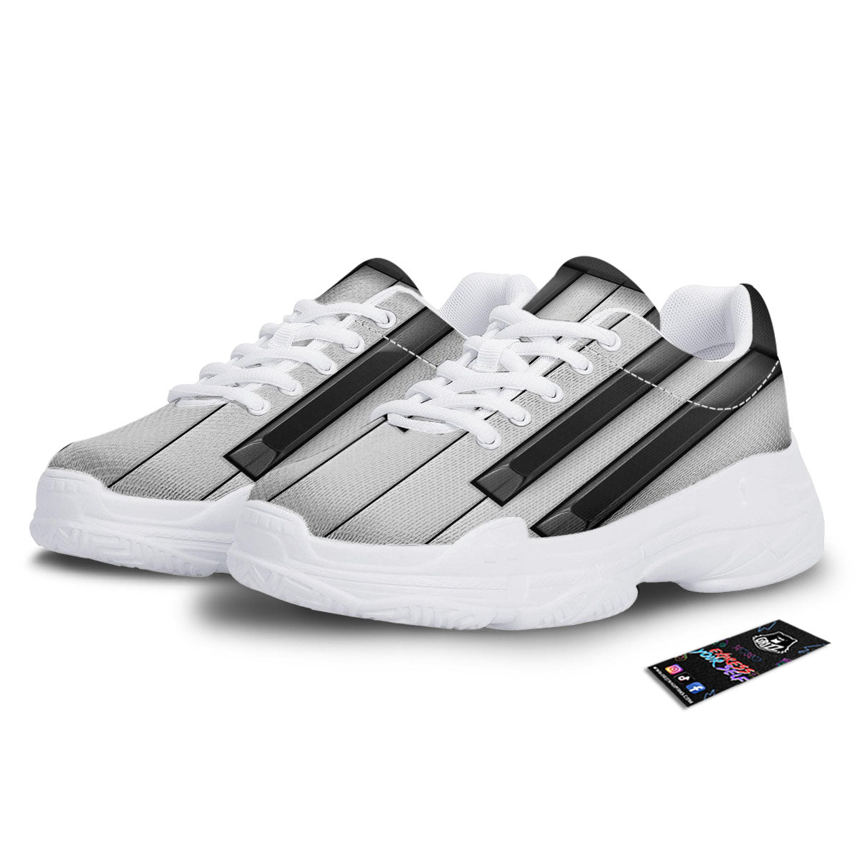 Piano Keyboard White And Black Print White Chunky Shoes-grizzshop