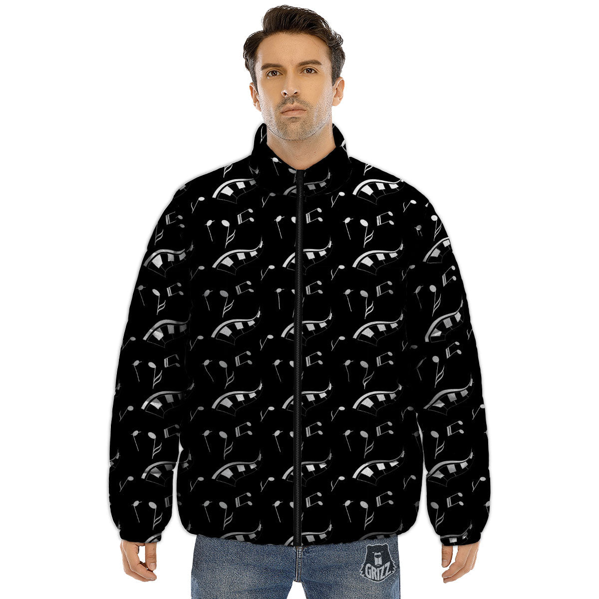 Piano Print Pattern Puffer Jacket-grizzshop