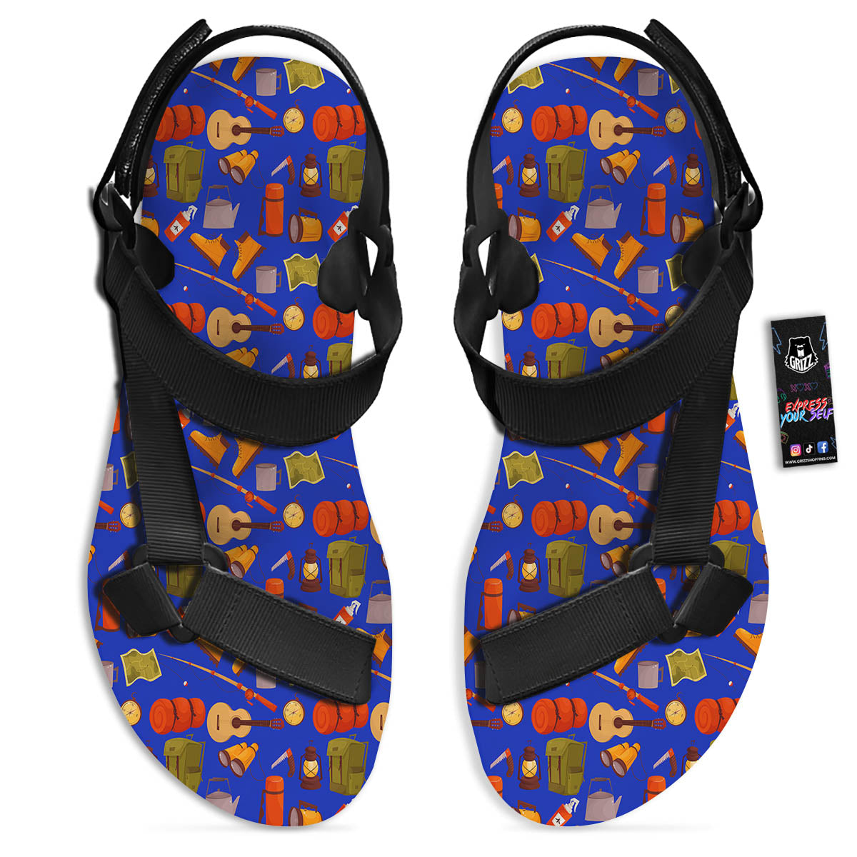 Picnic Camping Print Pattern Black Open Toe Sandals-grizzshop