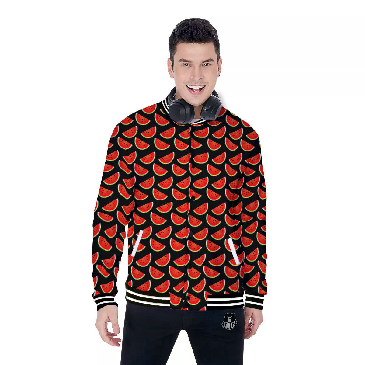 Pieces Black Watermelon Print Pattern Baseball Jacket-grizzshop