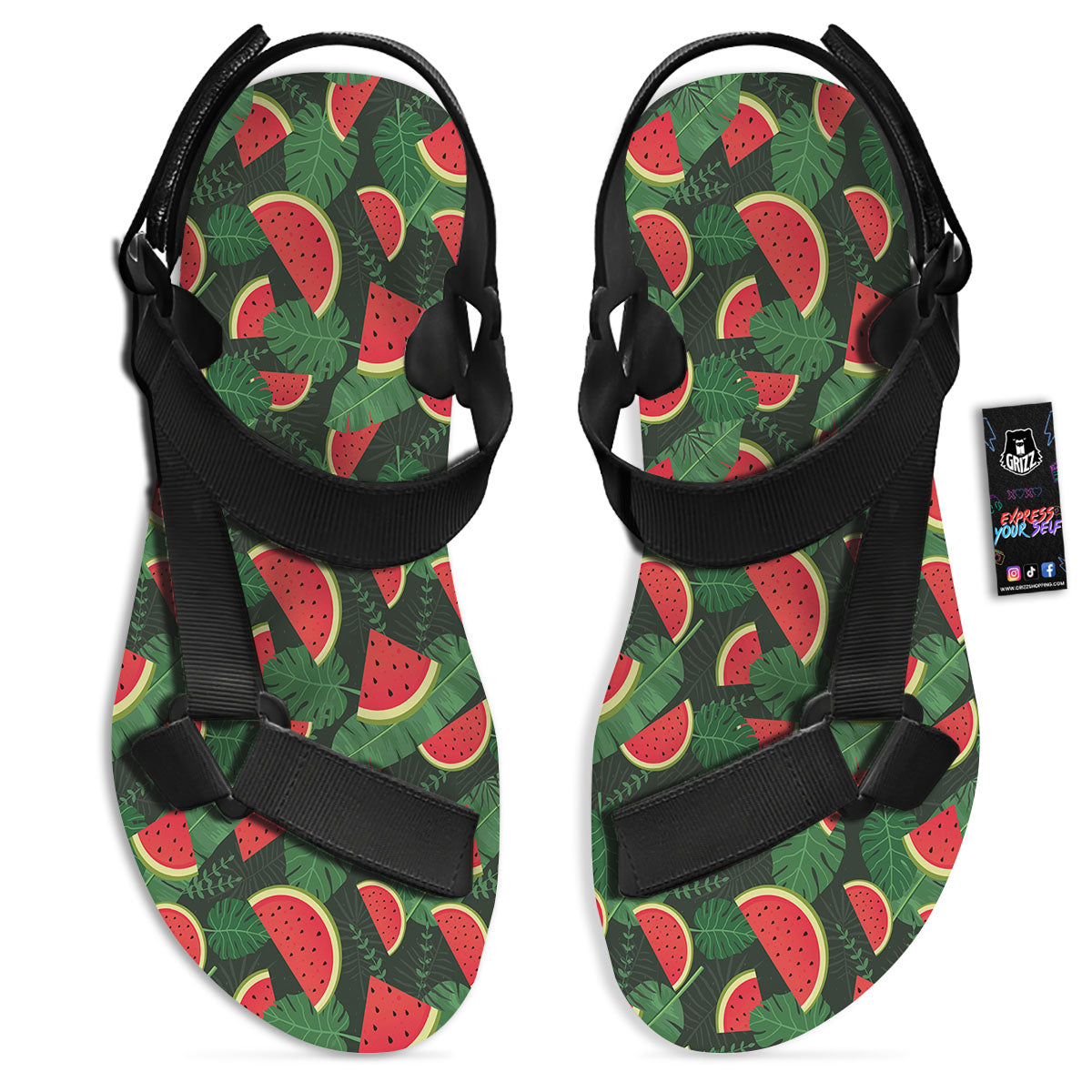 Pieces Leaf Watermelon Print Pattern Black Open Toe Sandals-grizzshop