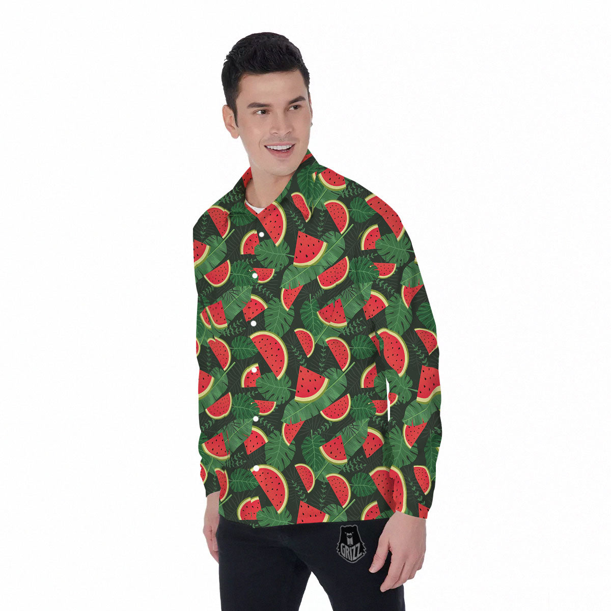Pieces Leaf Watermelon Print Pattern Men's Long Sleeve Shirts-grizzshop