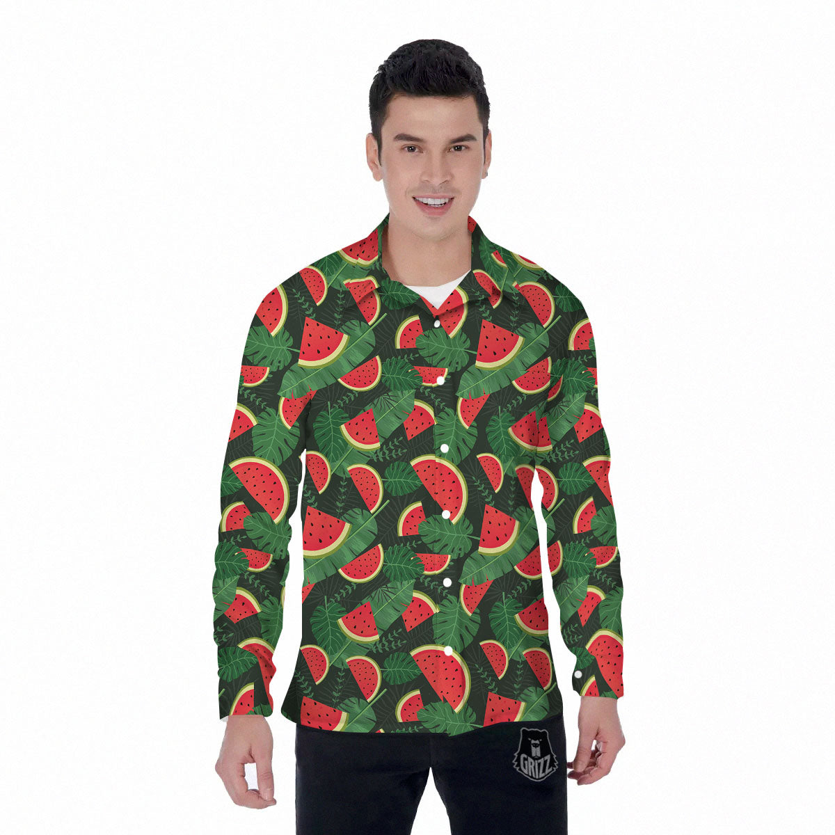 Pieces Leaf Watermelon Print Pattern Men's Long Sleeve Shirts-grizzshop