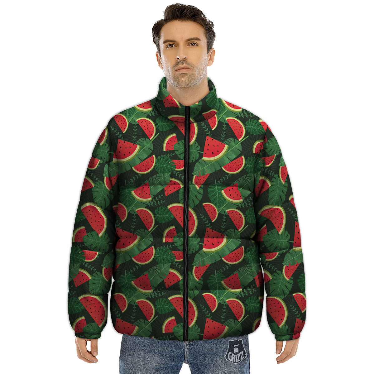 Pieces Leaf Watermelon Print Pattern Puffer Jacket-grizzshop
