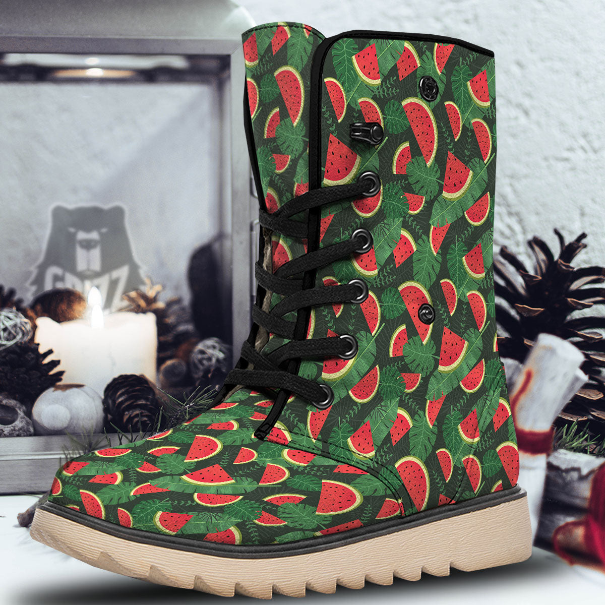 Pieces Leaf Watermelon Print Pattern Snow Boots-grizzshop
