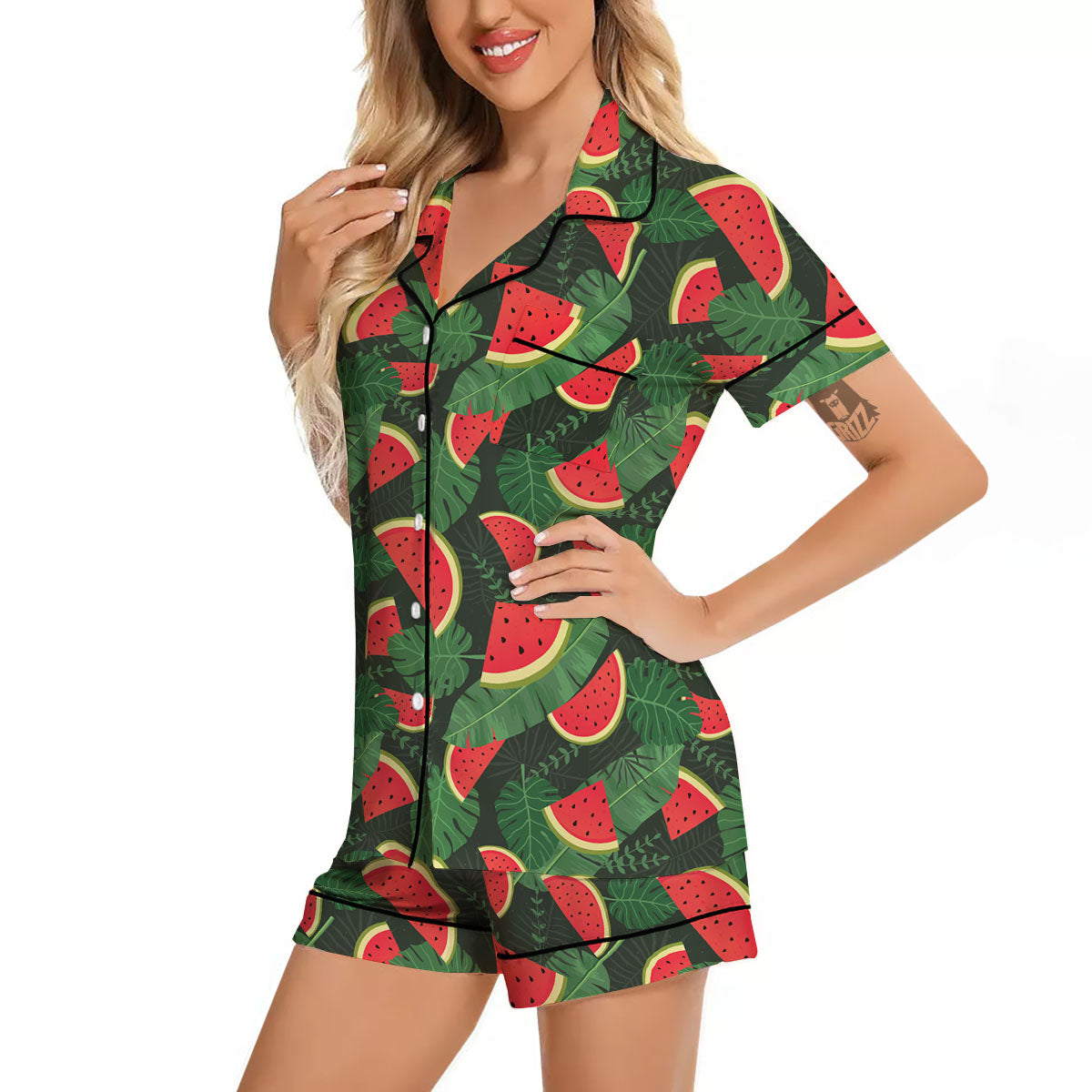 Pieces Leaf Watermelon Print Pattern Women Silk Pajamas-grizzshop