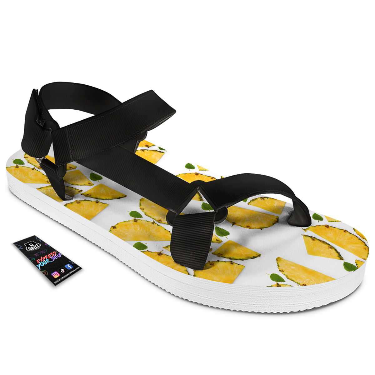 Pieces Pineapple Yellow Print Pattern Black Open Toe Sandals-grizzshop