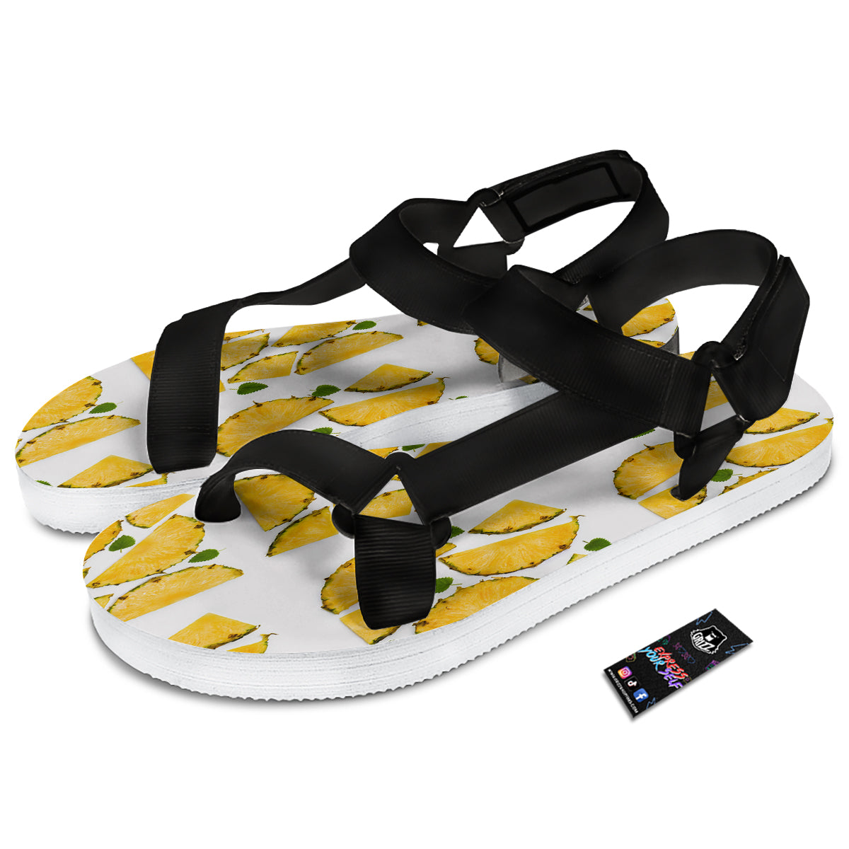 Pieces Pineapple Yellow Print Pattern Black Open Toe Sandals-grizzshop