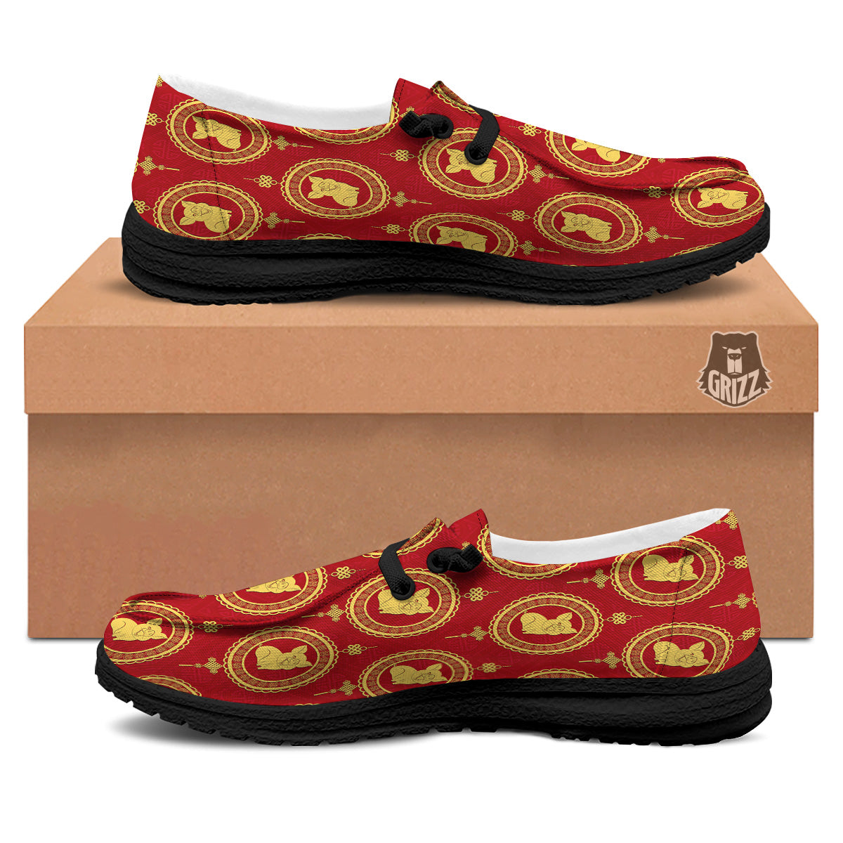 Pig And Chinese New Year Print Pattern Black Loafers-grizzshop