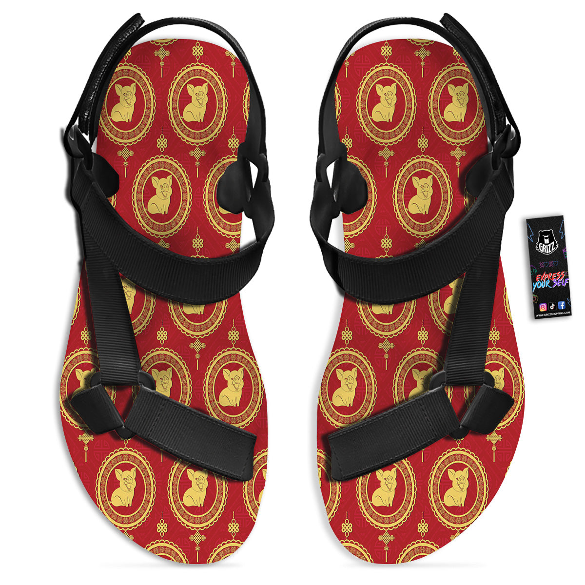 Pig And Chinese New Year Print Pattern Black Open Toe Sandals-grizzshop