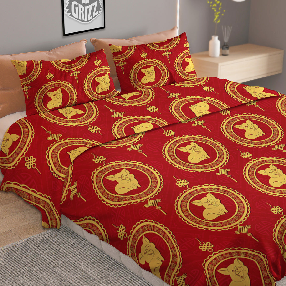 Pig And Chinese New Year Print Pattern Duvet Cover Bedding Set
