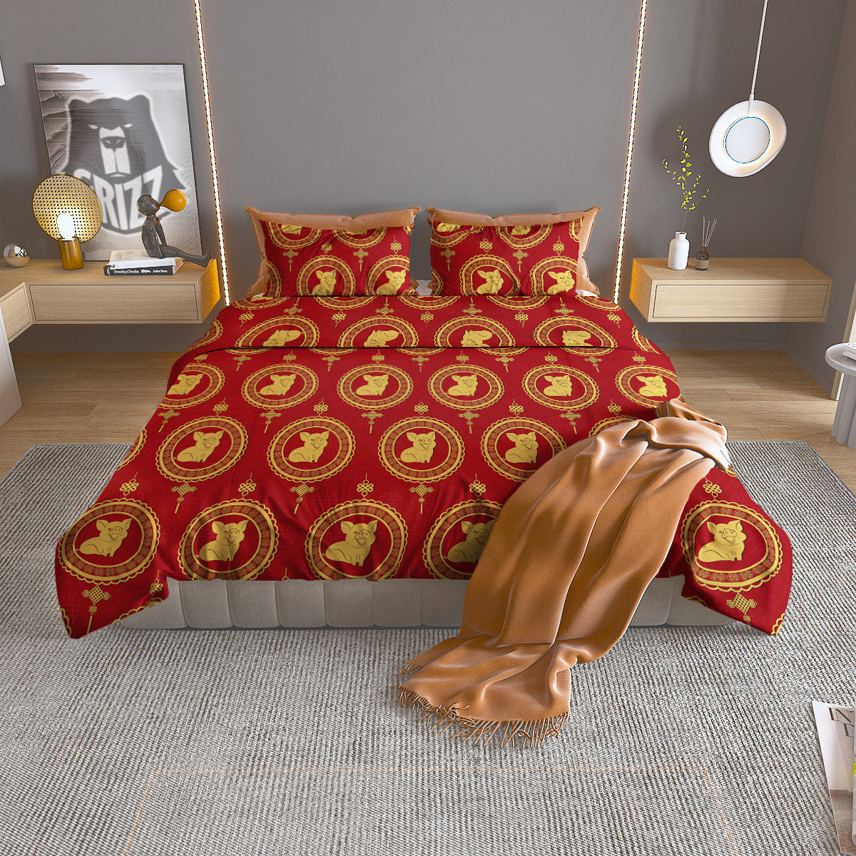 Pig And Chinese New Year Print Pattern Duvet Cover Bedding Set