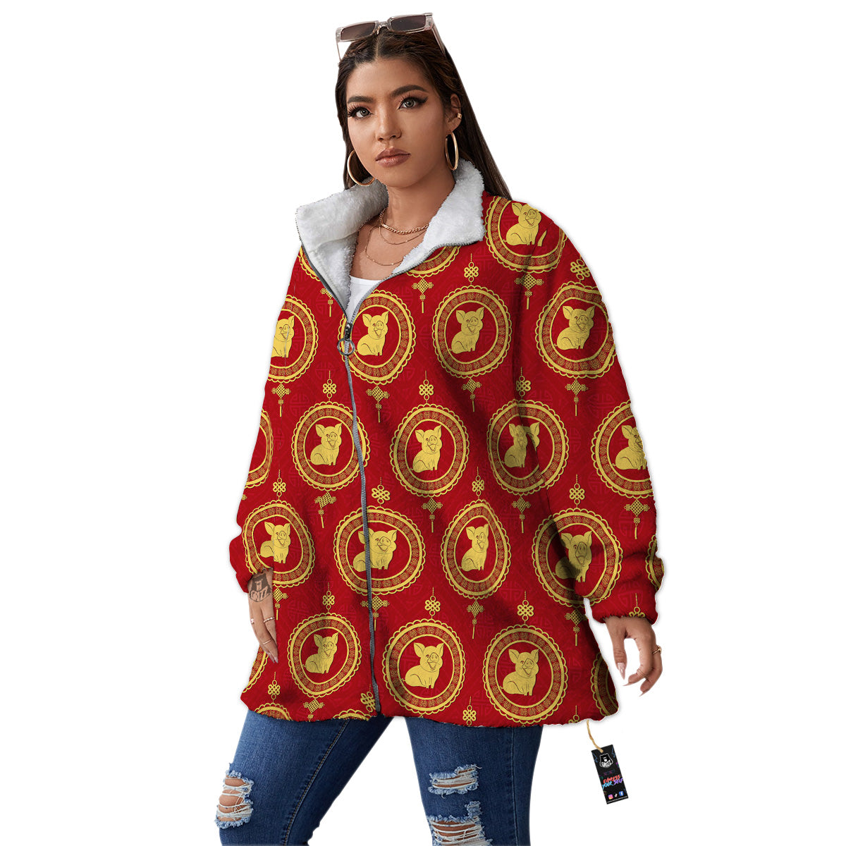 Pig And Chinese New Year Print Pattern Women's Sherpa Jacket-grizzshop