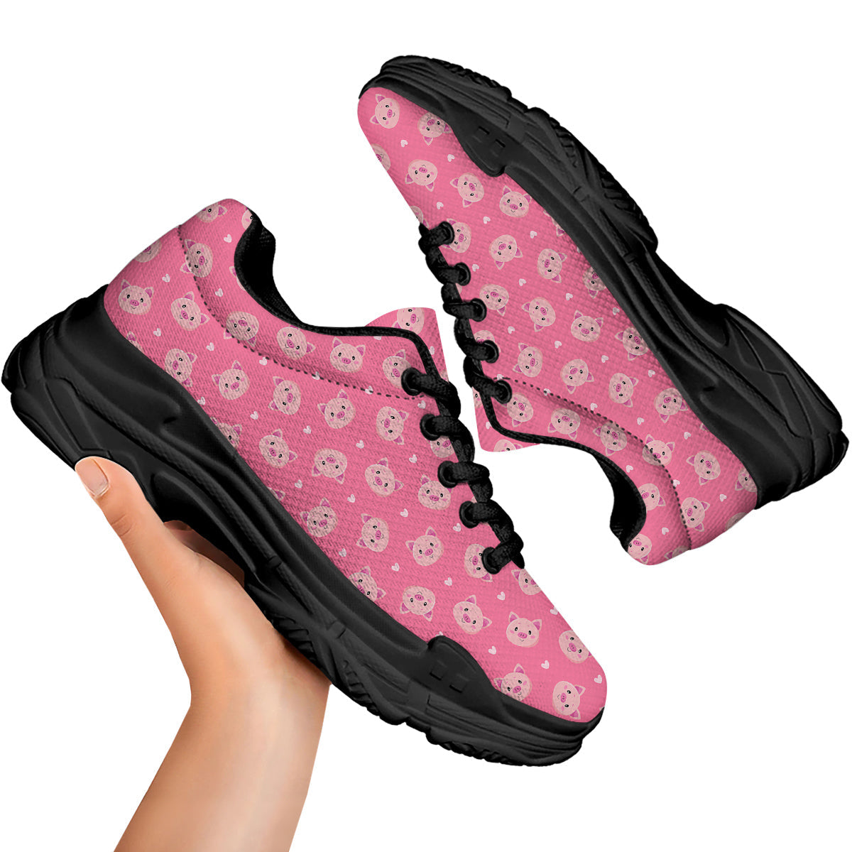 Pig Cute Cartoon Print Pattern Black Chunky Shoes-grizzshop