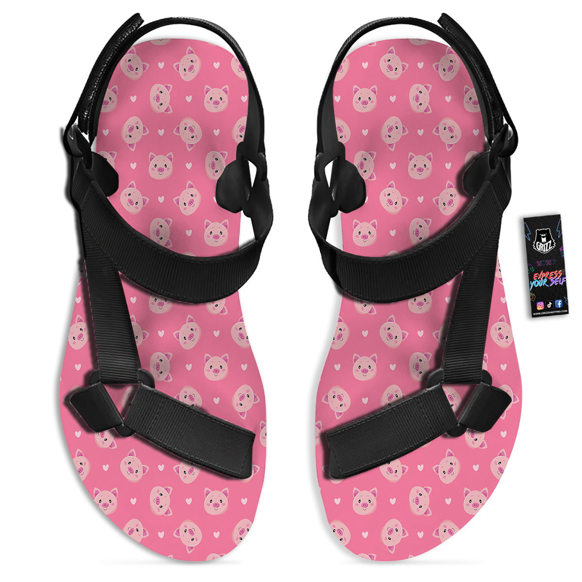 Pig Cute Cartoon Print Pattern Black Open Toe Sandals-grizzshop