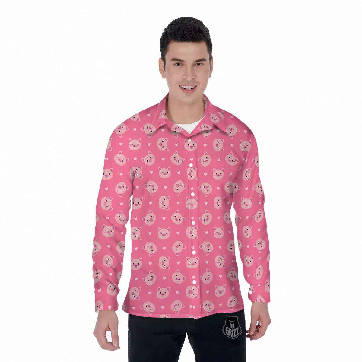 Pig Cute Cartoon Print Pattern Men's Long Sleeve Shirts-grizzshop