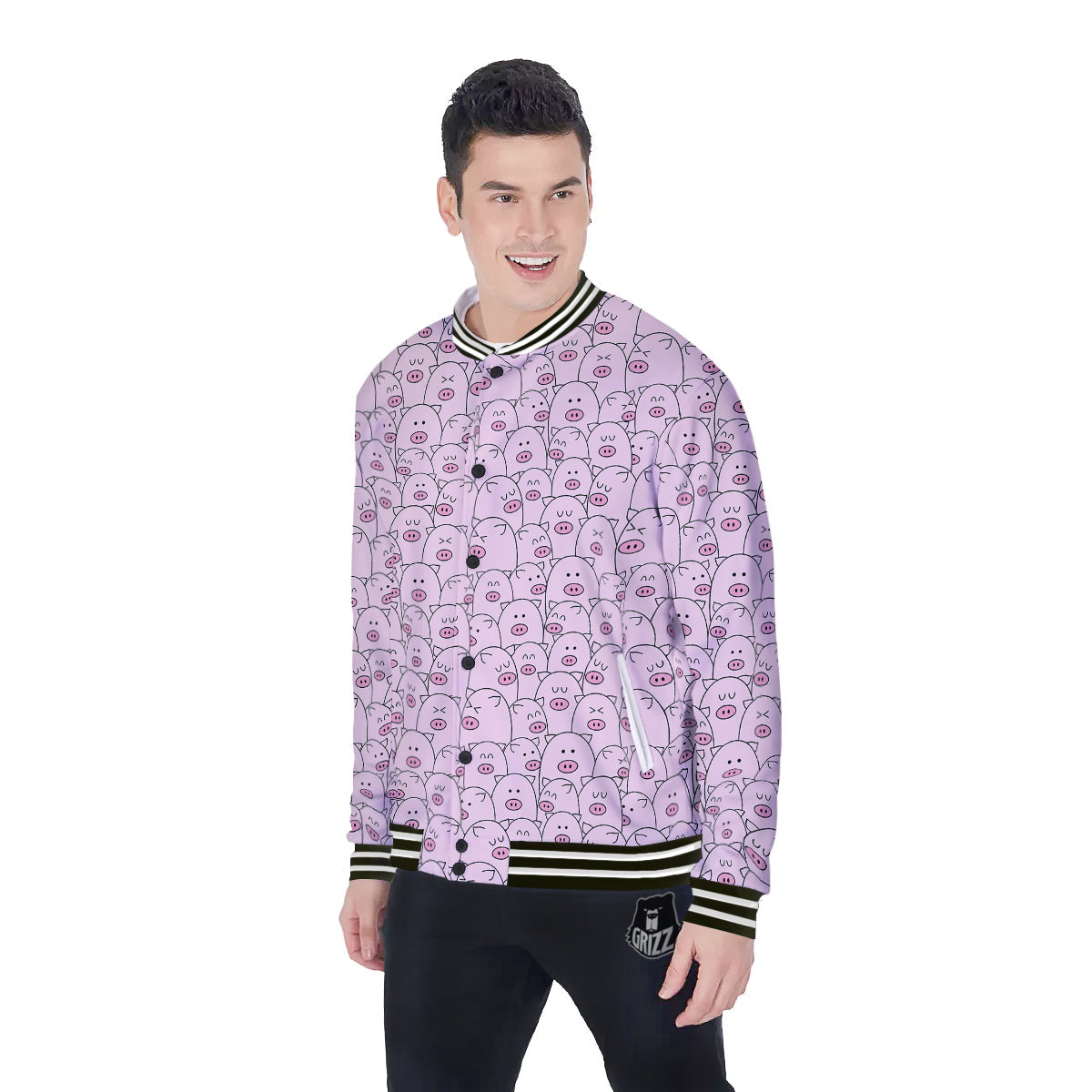 Pig Cute Pink Print Pattern Baseball Jacket-grizzshop